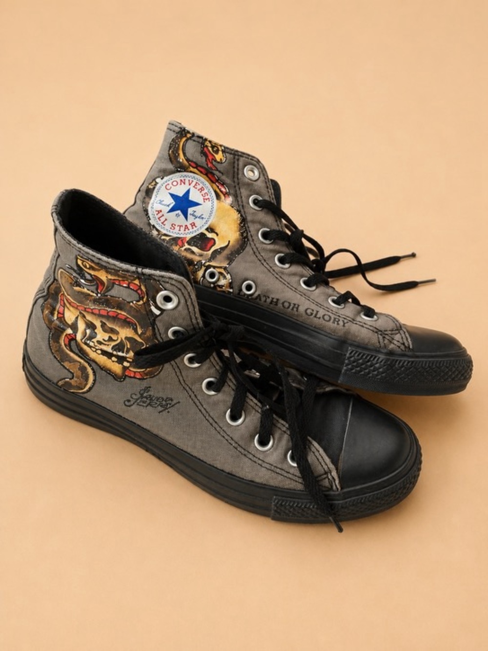 Unisex Converse High-Top Sneakers in Black and Gray with Sailor Jerry Graphic